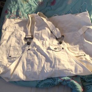 White jean overalls with skirt bottom
